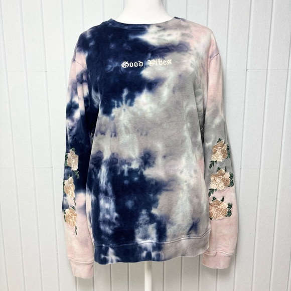 Blind Rooster "Good Vibes" Tie Dye Embroidered Rose Sleeves Sweatshirt Size L - Picture 1 of 12